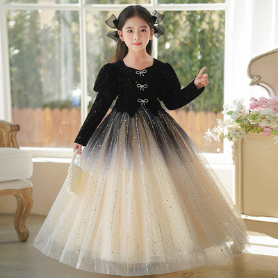 女童黑色礼服轻奢小众高端小主持人加绒长袖公主裙钢琴演奏秋冬季