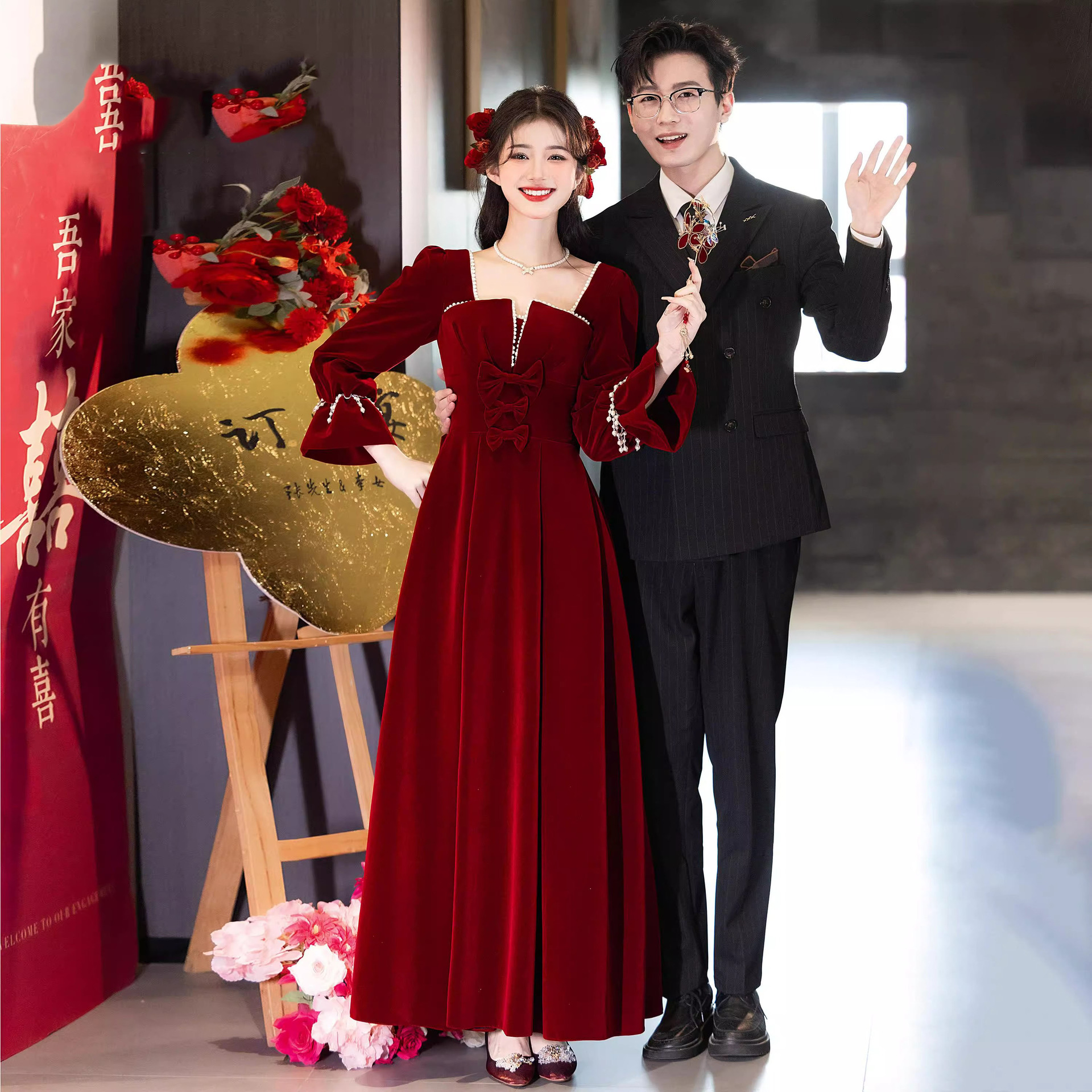 丝绒敬酒服新娘秋季酒红色结婚长袖新中式回门订婚衣服礼服高级感