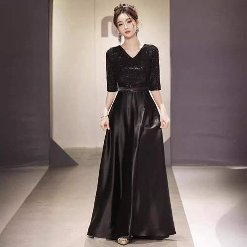 黑色大合唱团演出女主持指挥服舞台比赛宴会表演成人晚礼服装长裙