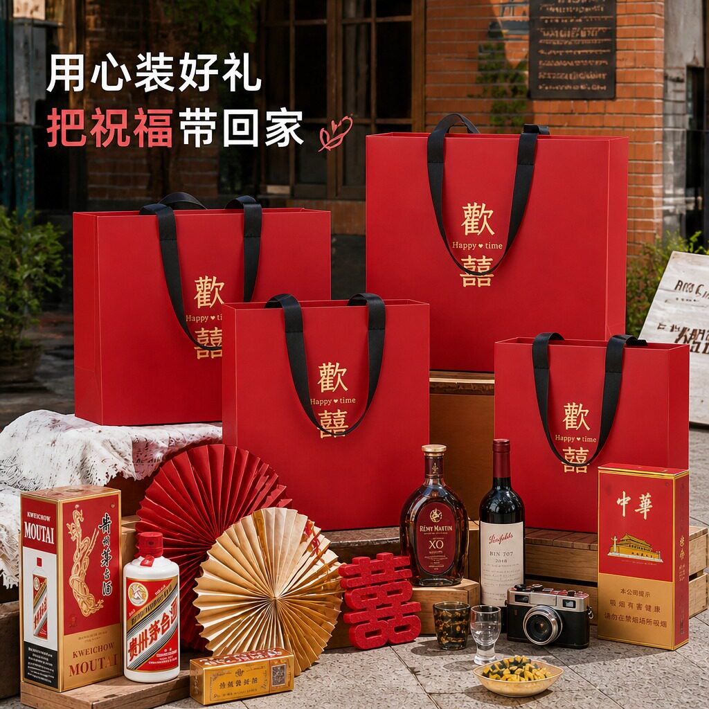 国潮风红色纸袋手提袋婚礼伴手礼袋子高级欢喜喜糖烟酒礼品袋X148
