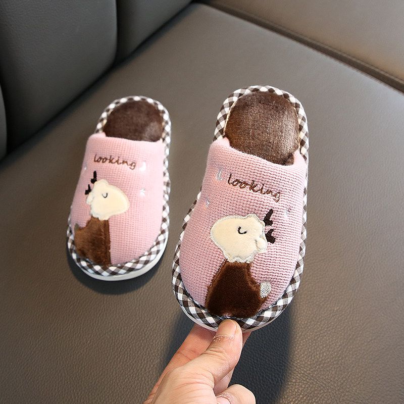 秋冬季快鹿儿童棉拖鞋女童卡通保暖亲子防滑男童室内宝宝家居毛鞋