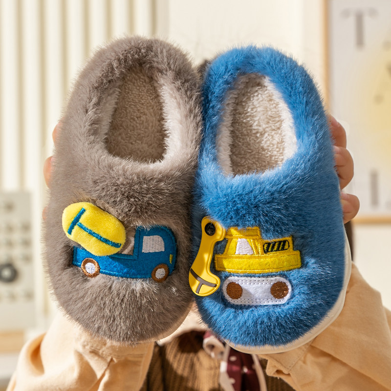 冬季儿童卡通棉拖包跟棉鞋男小孩宝宝防滑软底家居加绒保暖挖土机