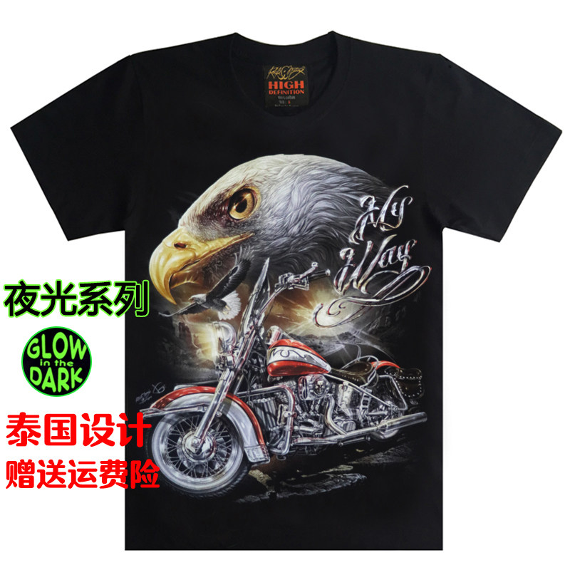 新款老鹰哈雷机车T恤纯棉男士夏季短袖衣服 夜光休闲嘻哈流行T恤