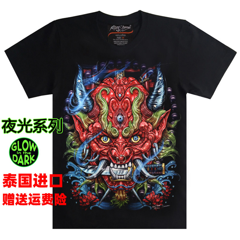 新款泰国进口日系纹身般诺面具武士印花T恤 夜光3D夏季休闲短袖