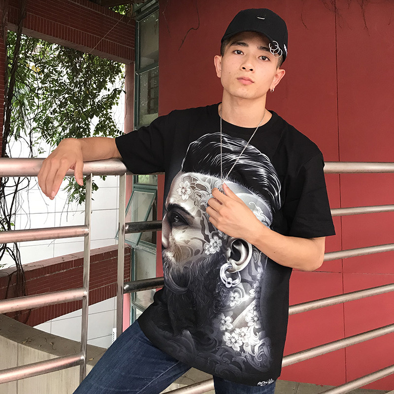 摇滚天堂纯棉印花短袖T恤 纹身潮男加肥加大欧美男士短袖上衣夜光
