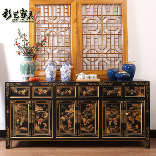 新中式风手绘榆木仿古门厅储物柜