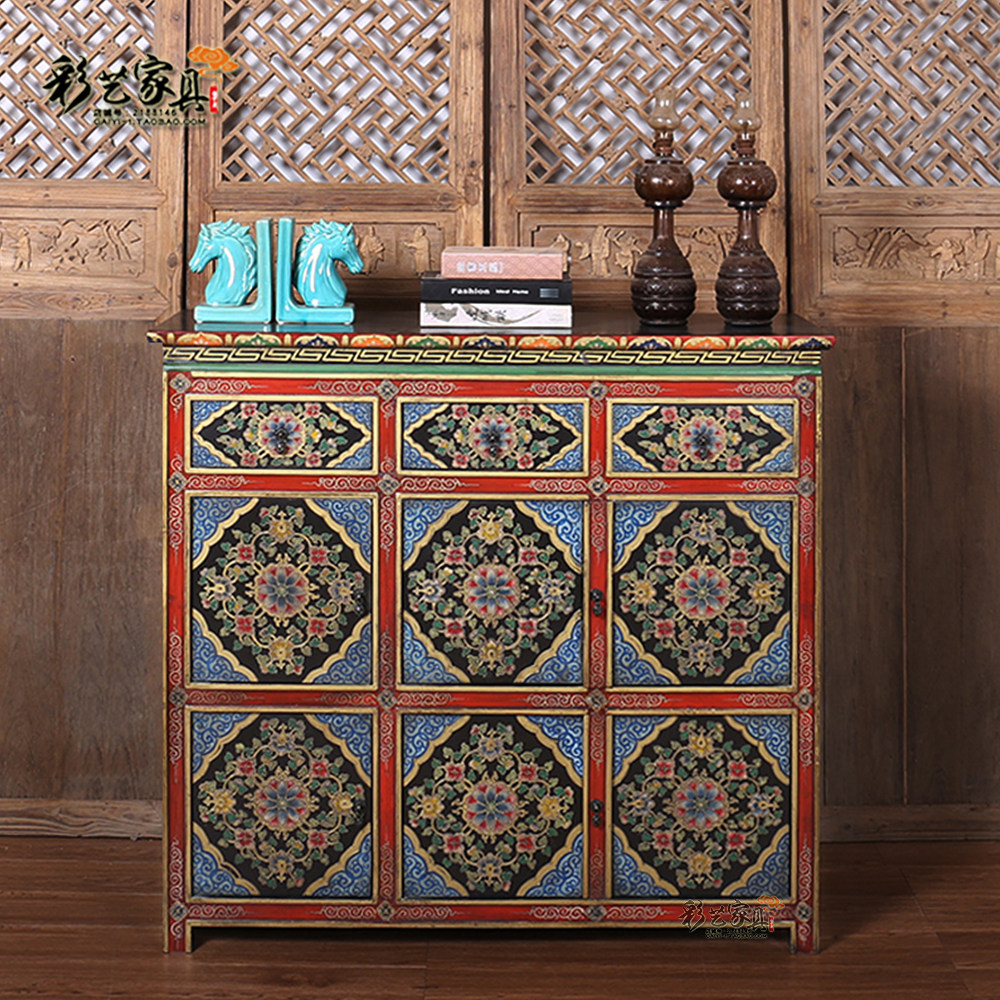 实木仿古藏式彩绘玄关柜中式做旧手绘餐边柜鞋柜门厅装饰储物柜