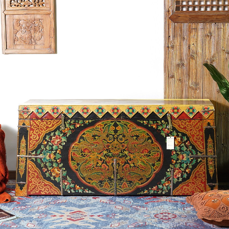 藏式彩绘实木箱子中式仿古做旧家具手绘收纳箱字画箱婚嫁箱衣箱
