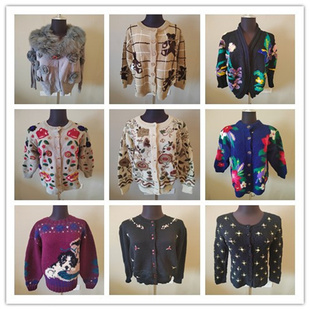 A35vintage古着毛衣女开衫 宽松百搭复古慵懒风刺绣植物花朵上衣