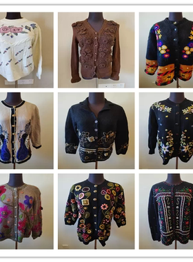 A29vintage古着毛衣开衫女复古宽松慵懒风提花针织衫外套