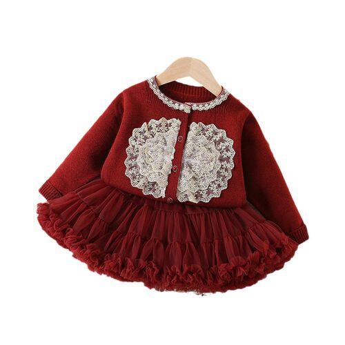 特价撤柜童装红色拜年服女宝宝喜庆针织开衫+网纱蓬蓬裙HS-2105