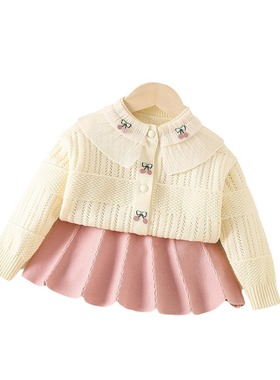 特价撤柜童装女童新款针织毛衣套裙蕾丝花连衣领开衫上衣潮K501