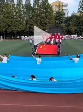 加厚舞蹈蓝色绸带加棒不透光大型舞蹈道具学校运动会彩带蓝色绸布