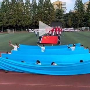 加厚舞蹈蓝色绸带加棒不透光大型舞蹈道具学校运动会彩带蓝色绸布