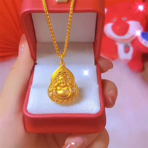 金色镂空笑面弥勒佛锁骨链