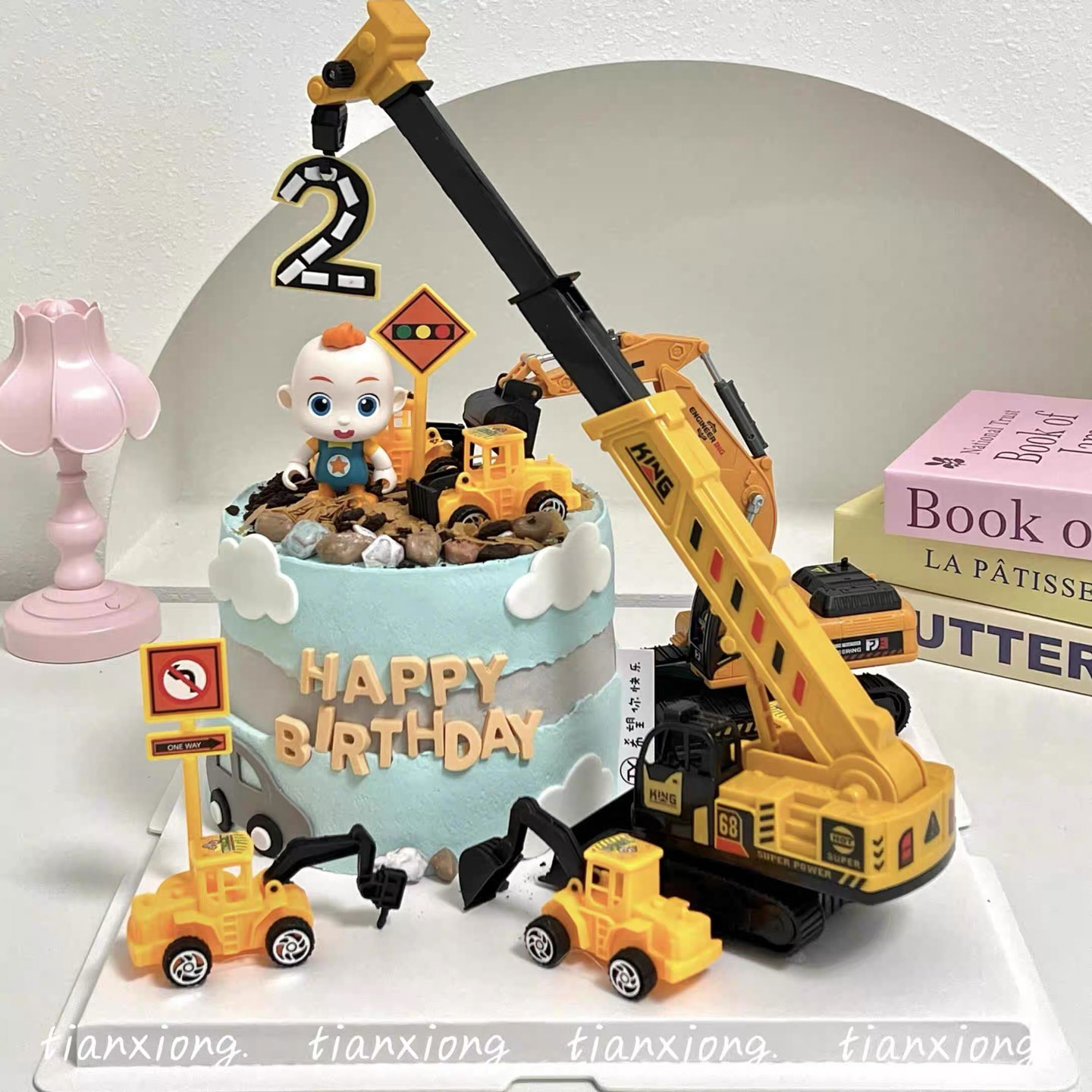 工程车主题儿童生日烘焙蛋糕装饰摆件卡通挖机推土机吊机路标摆件