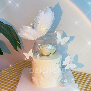 透明玻璃罩蛋糕装饰韩式带灯仙气羽毛蝴蝶翅膀女神许愿球烘焙摆件