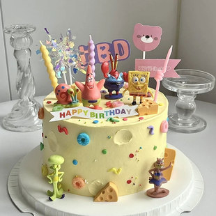 海绵宝宝蛋糕装饰摆件卡通派大星蟹老板章鱼哥儿童生日甜品台插件
