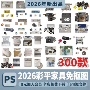 室内网红彩平图家具图块平面图PSD免抠图沙发餐桌床地毯PSD素材