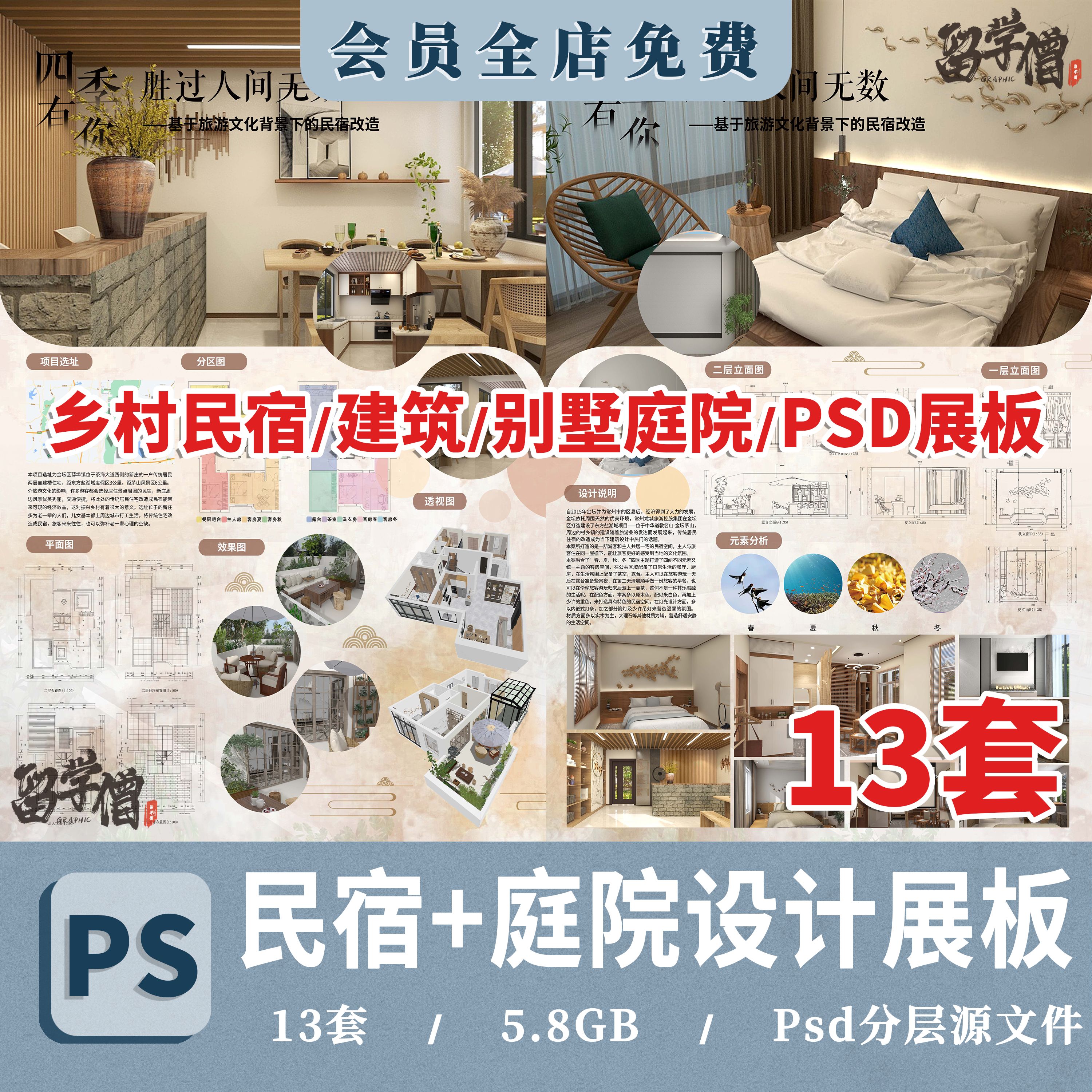 乡村民宿设计建筑室内别墅庭院改造分析图素材PSD排版模板PS展板