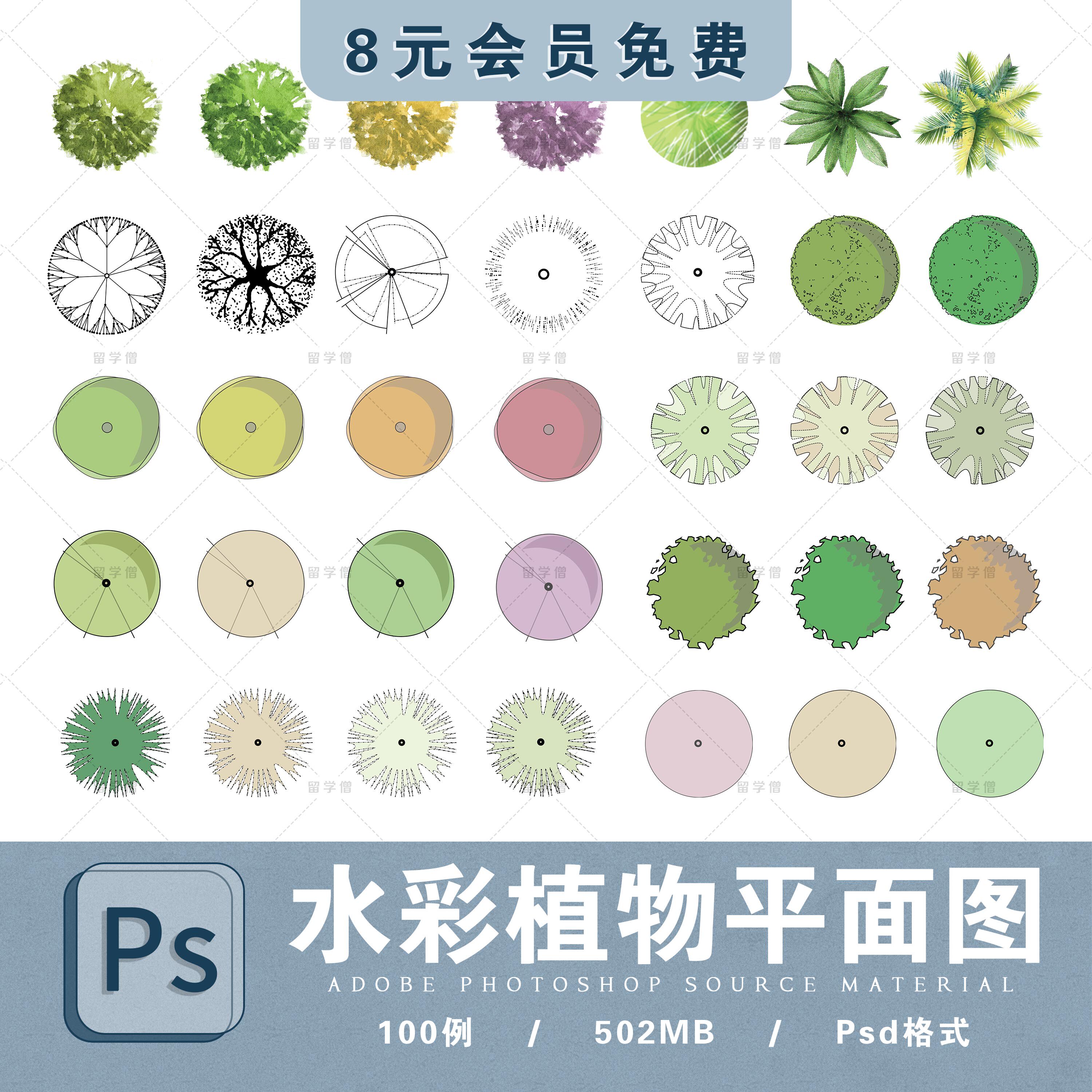 园林景观植物平面素材清新水彩风格高清景观树木平面psd植物图例