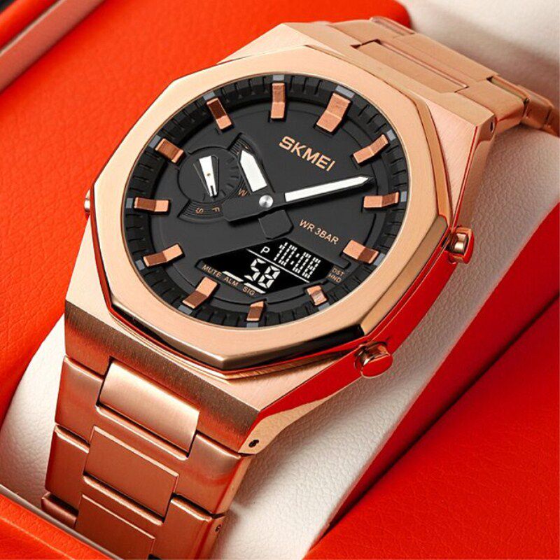 时刻美八角形橡树运动多功能钢带电子表学生男款女款防水夜光手表