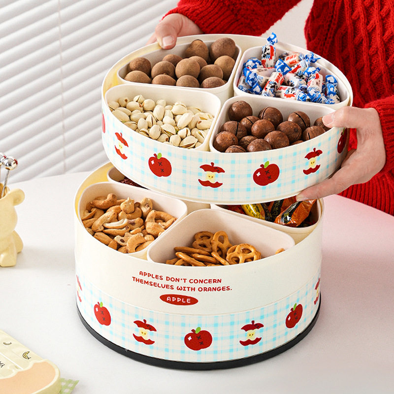 新年可旋转水果盘家用客厅茶几大容量多层带盖干果零食糖果分格盘