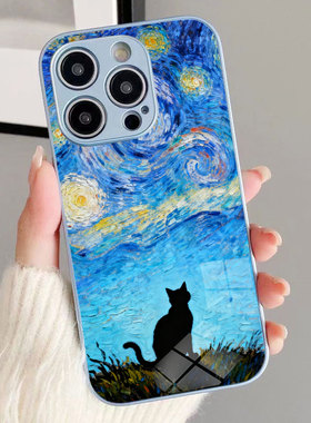 适用OPPOreno14梵高油画伦勃朗光黑色猫咪独特VIVOS30手机壳小米civi5pro红米K80至尊华为nova14ultra荣耀400