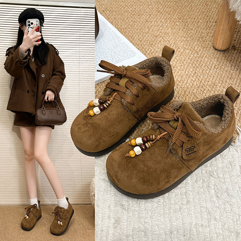 2025冬季加绒新款袋鼠鞋软底防滑保暖雪地靴圆头串珠系带洋气女鞋,女鞋,时尚雪地靴,淘宝优惠券,粉丝福利购,淘宝优惠卷
