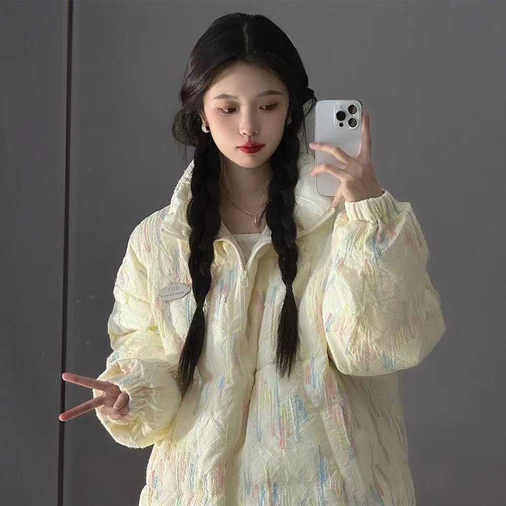 美式慵懒风彩虹条纹羽绒棉服女冬季新款潮流宽松加厚保暖棉袄外套