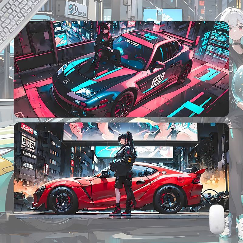 赛博朋克美女跑车鼠标垫超大号男女生电竞办公键盘垫宿舍学习桌垫