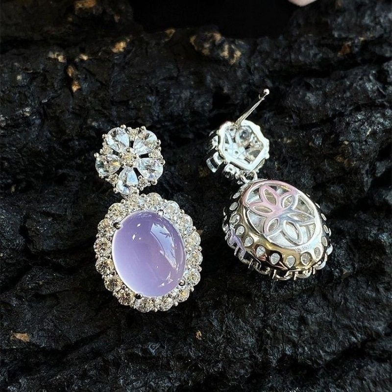 FA高冰种玉髓耳钉紫罗兰鸽子蛋925银镶嵌白蓝黄玉髓耳坠直播货源