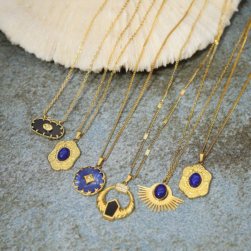 镀吊坠链宫廷风法式藏蓝色雕花天然项链石复古锁骨金18K项饰