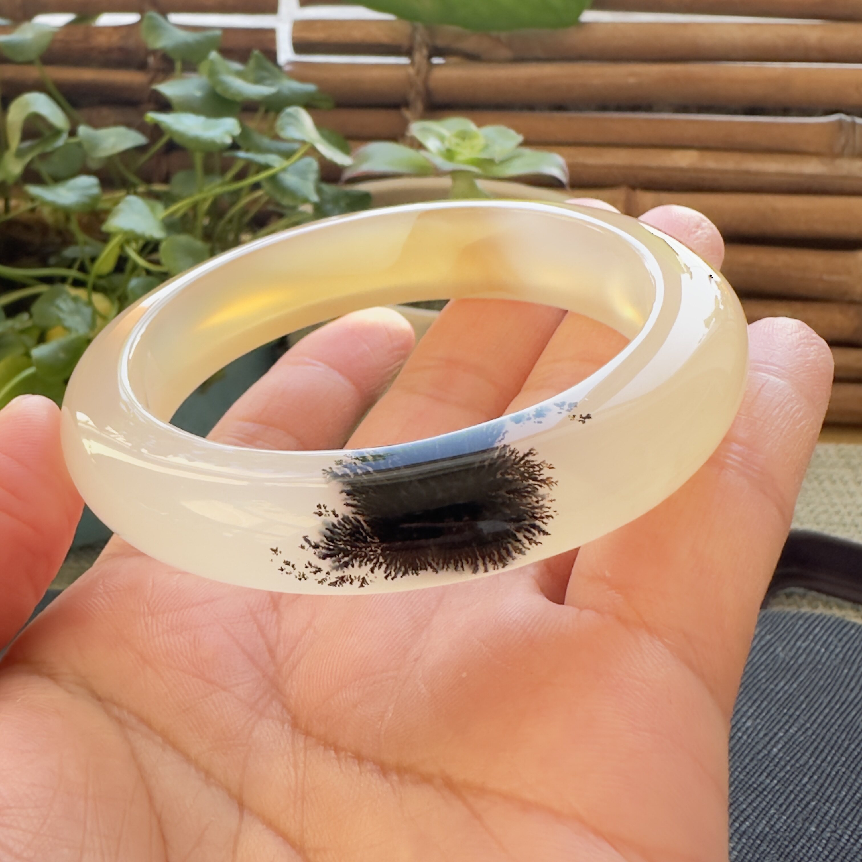 花语玉髓 天然海洋玉髓马料水墨黑发丝一朵烟花绽放玛瑙手镯56mm