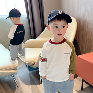 春秋纯棉t恤撞色男童长袖 潮帅气时髦炸街上衣百搭洋气