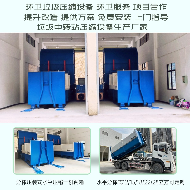 分体转运箱(22立方)水平固定式生活垃圾压缩机50-400吨垃圾中转站