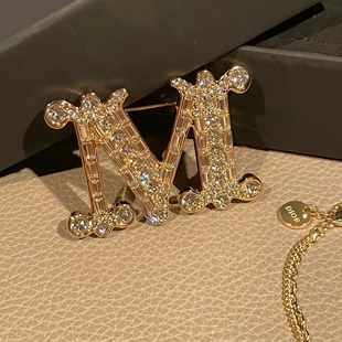 定制款 铜镀金14k真金字母M别针小众简约气质大衣胸针高级闪钻胸饰