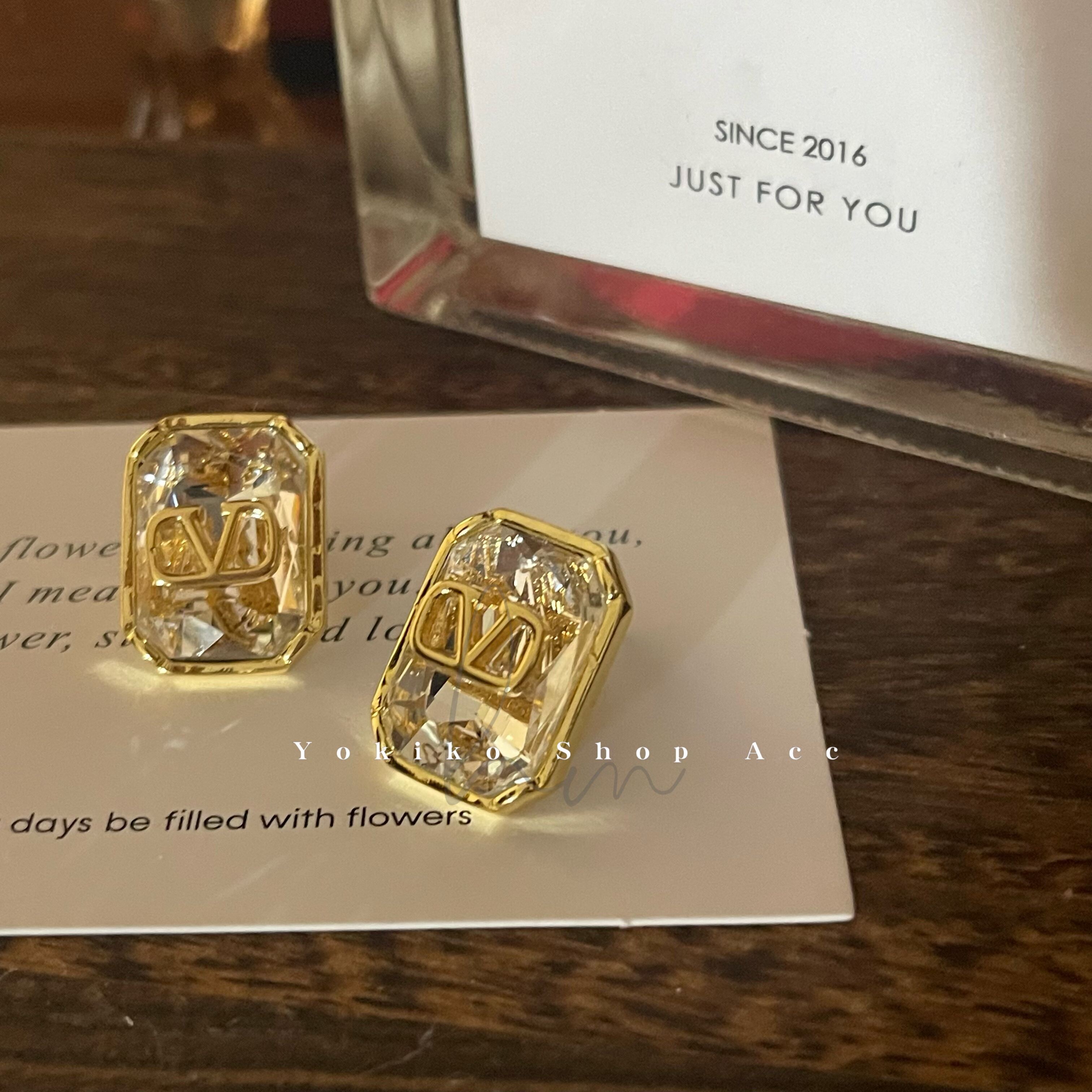 定制款金箔方块锆石重工奢华复古宝石方形大耳钉耳环