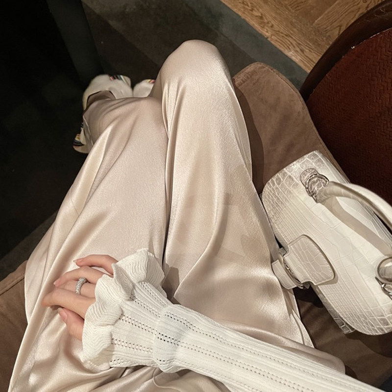 醋酸真丝缎面裤女白色蚕丝阔腿裤夏季新款垂感高腰显瘦直筒长裤子