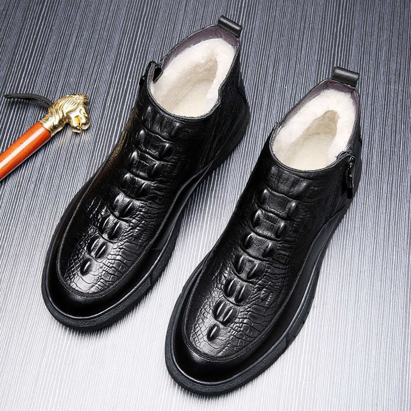 25冬季头层牛皮鳄鱼纹羊毛男士棉