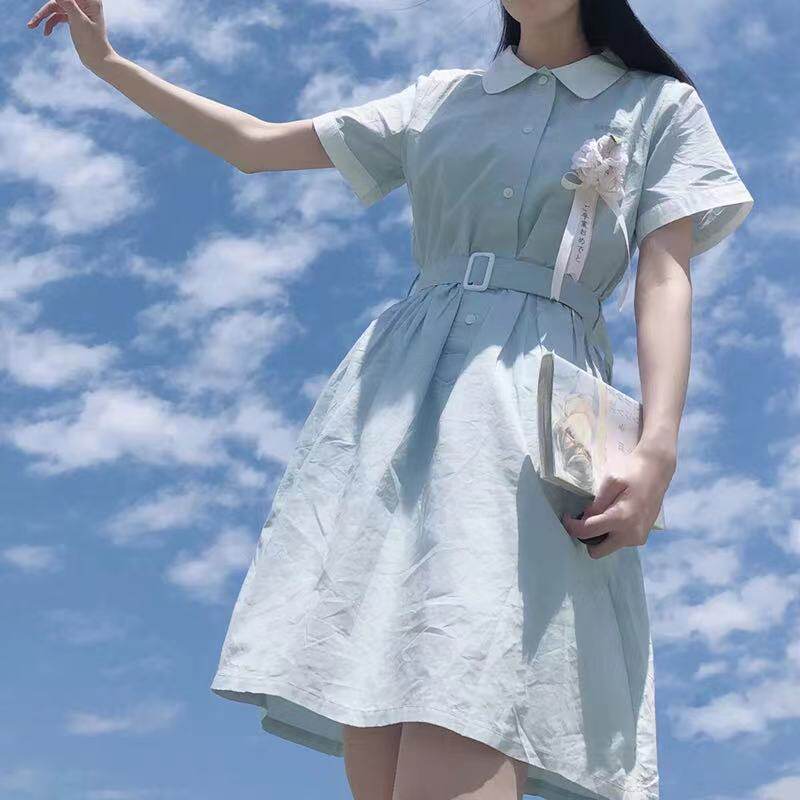 原创正版三色盛夏服学院风短袖腰带连衣裙