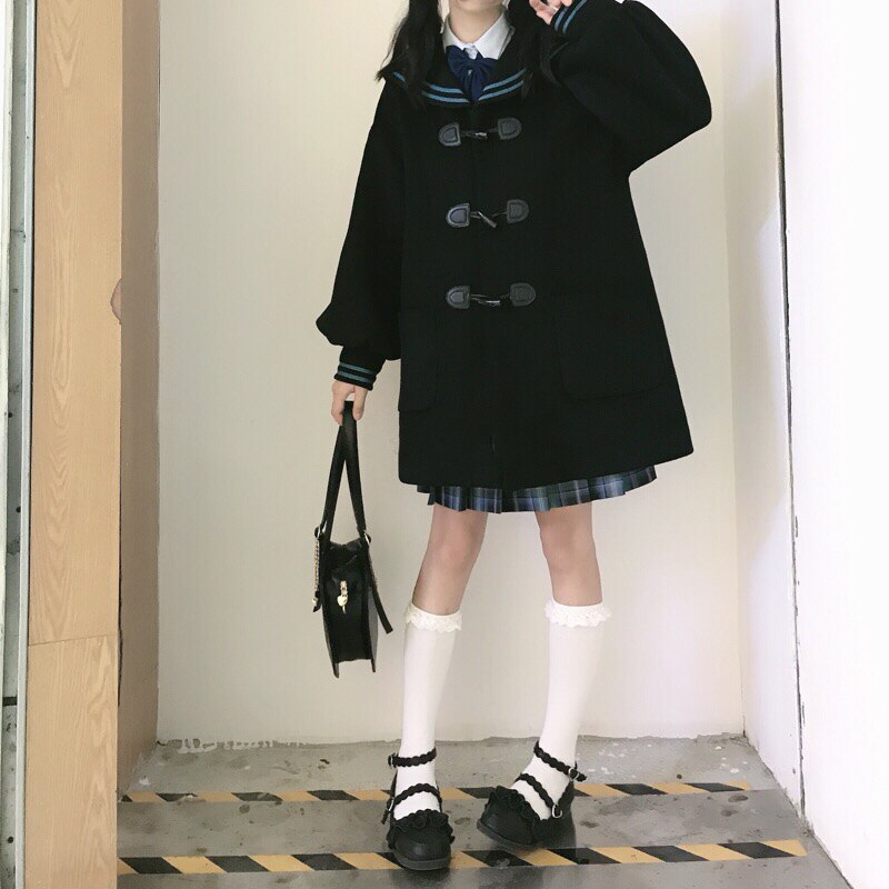 日系学院风水手领牛角扣加棉大衣秋冬新款熊耳可爱加厚毛呢外套女