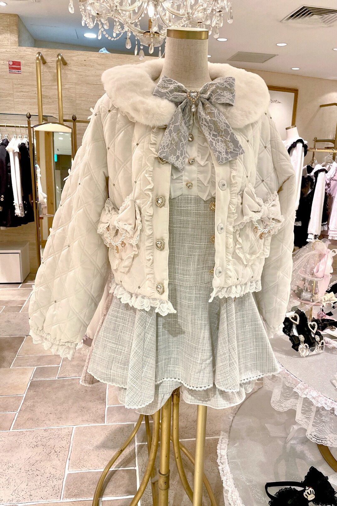 thumbnail for Winter cute soft girl doll collar short cotton suit Japanese lace fur collar bow plus cotton diamond plaid jacket for women
