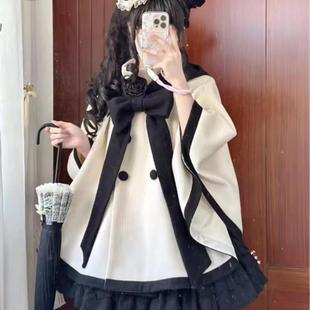 2024新款 小个子斗篷大衣洛丽塔百搭毛呢外套秋冬优雅黑白山茶花
