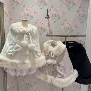 冬季 优雅设计感蕾丝花边蝴蝶结斗篷外套温柔甜美加厚毛呢大衣 法式