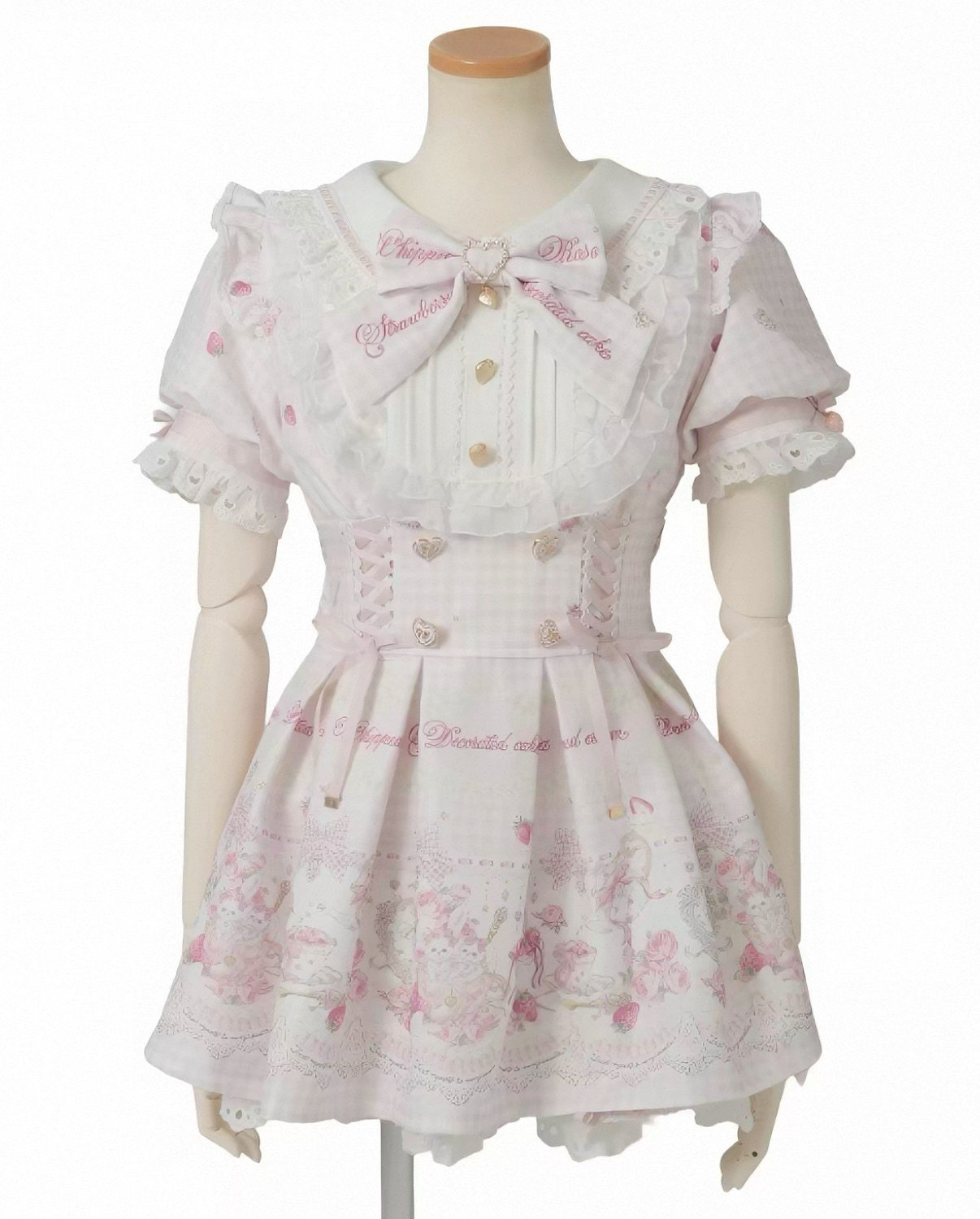 thumbnail for Sweet plaid tea room love bow puff sleeve dress summer Japanese short sleeve dress tea party princess dress