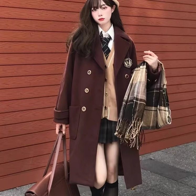 冬季复古英伦冬季大衣学院风JK制服小个子中长款上衣秋冬毛呢外套