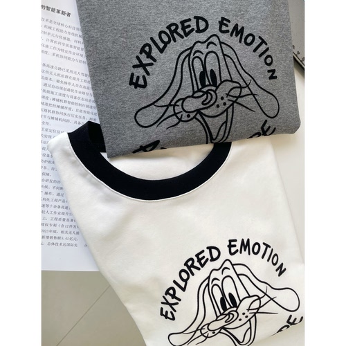 hisongsong植绒高弹显瘦自留深灰白色撞色圆领短袖T恤百搭亲肤