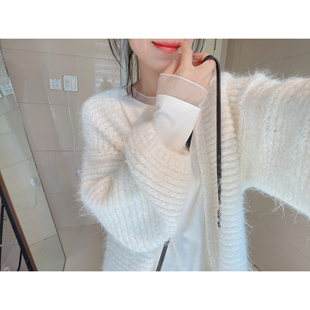 hisongsong针织开衫女秋冬毛衣外套宽松袖亮片厚厚披肩白不掉毛