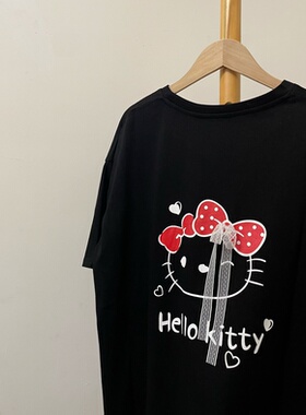 hisongsong凉快显瘦黑色Hello Kitty卡通短袖T恤女宽松可爱风上衣